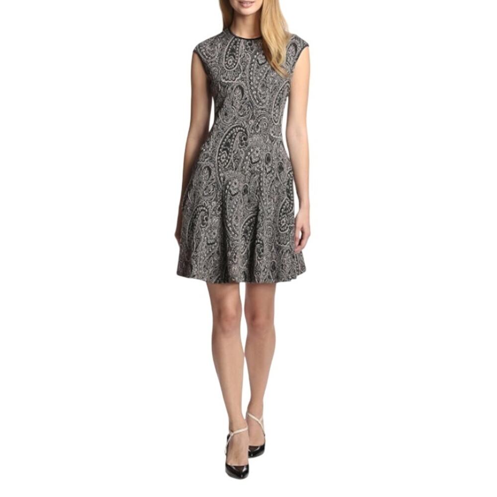 Gabby Skye Cap-Sleeve Fit & Flare Dress Paisley Metallic Gold Black Womens Sz 12